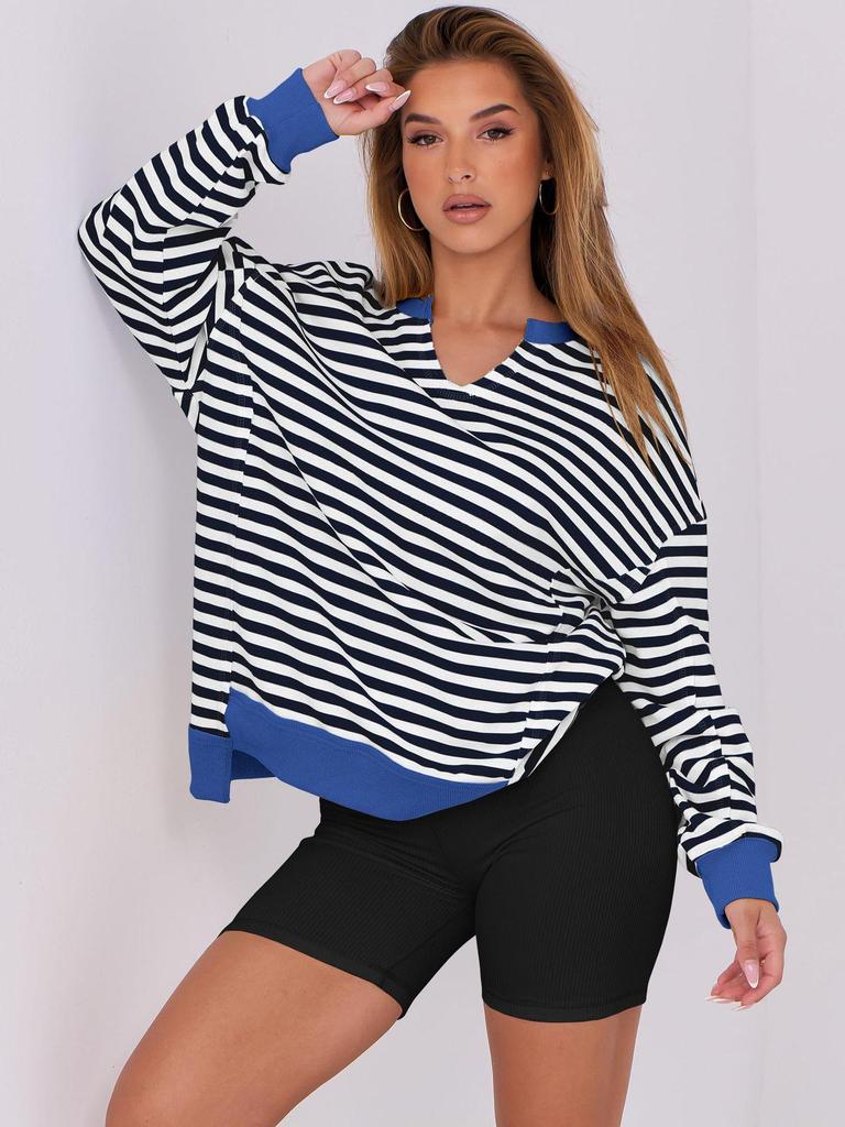 2025 European Autumn/Winter Striped V-neck Loose Fit Women's Sportswear Hoodie