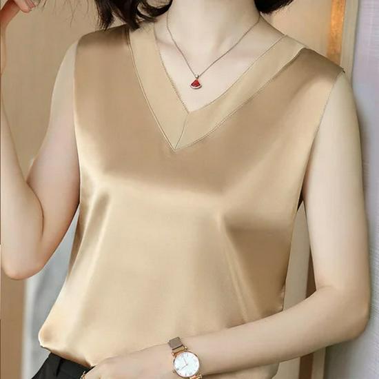 

Женский белый атласный жилет с V-образным вырезом: Летний повседневный топ без рукавов 2025 XL шампанского