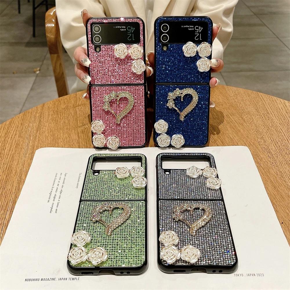 Luksusowe Błyszczące Diamentowe Etui Kameliowe dla Samsunga Galaxy Z Flip 4 5 Cover Matowe Twarde Odporne na Wstrząsy Etui Bumperowe Dla Z Flip3 Flip5 5G