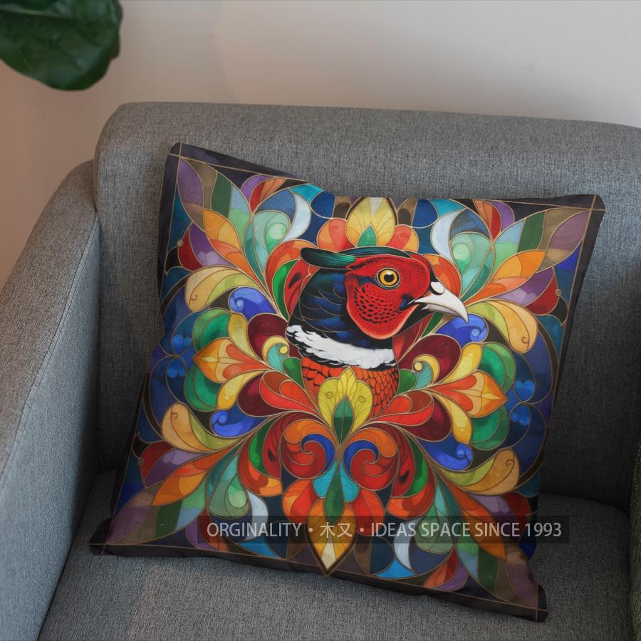 2D Colorful Pheasant Stained Glass Style Pillow Cover Pattern Cushion Cover Suitable For Sofa Bedroom Car Pillow Cover