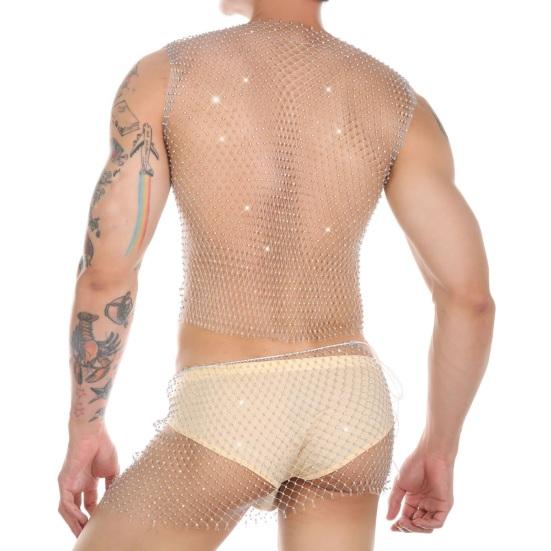 Men Sexy Night Club Vest Square Collar Sleeveless Fishnet Vest Slim Fit Hollow Perspective Mesh Tops Shiny