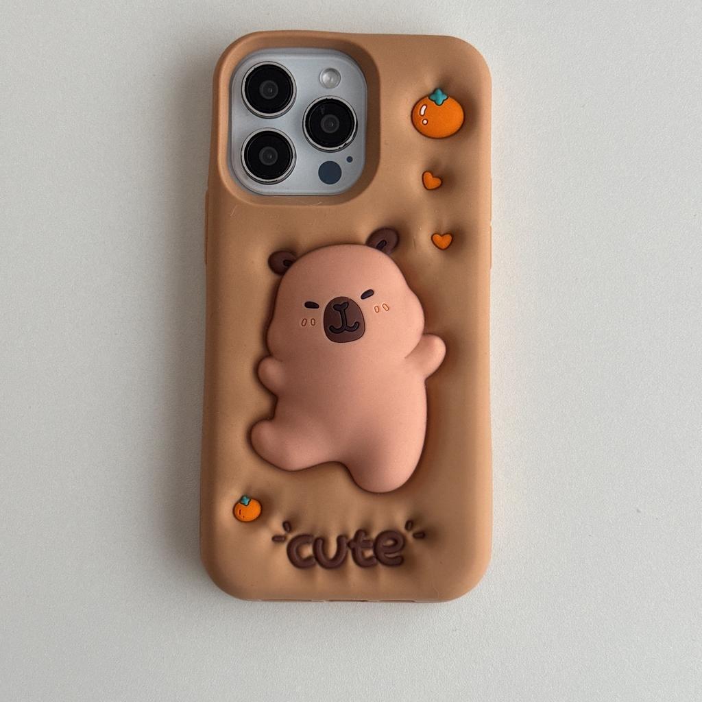 Etui na telefon z miękkiego silikonu, kreskówkowe zwierzątko Kapibara 3D, do iPhone 16 15 14 13 12 Pro Max 16pro, odporne na wstrząsy, z paskiem na nadgarstek