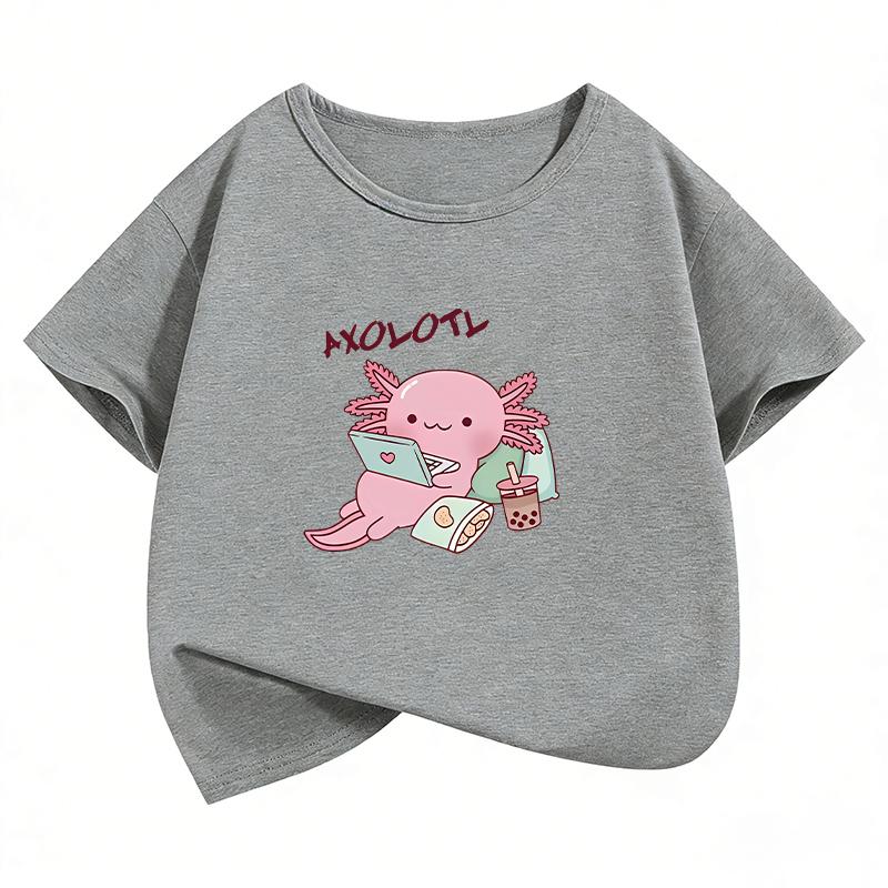 New Animal Axolotl Drinking Bubble Tea T Shirts Funny Summer Kids Childrens Tshirt Boys Girls Casual Top Tee