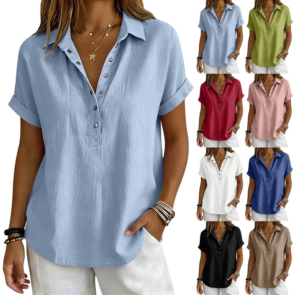 Womens Loose Fit V Neck Blouse Casual Cotton Linen Short Sleeve Shirt Button Down Lightweight Top for Daily Wear