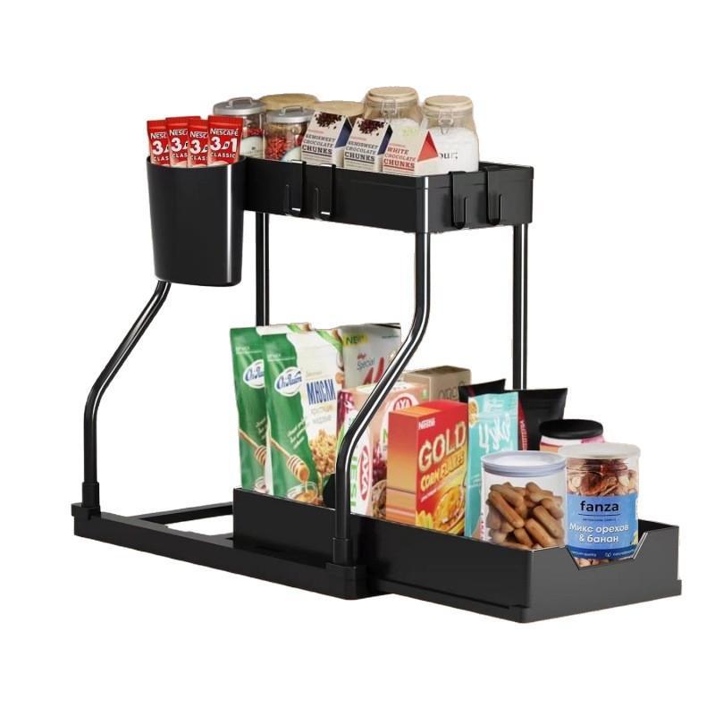 2 Tier Pull Out Under Sink Organizer Space Saving Durable Large Capacity Storage Rack for Kitchen Bathroom Cabinet
