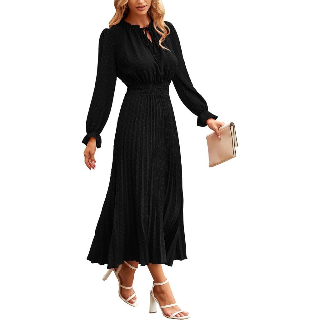 Women's Summer Fashion Loose V-Neck Long Sleeve Tie Solid Color Dresses