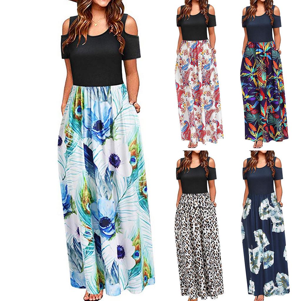 Women' Cold Shoulder Pocket Floral Print Elegant Maxi Short Sleeve Casual Dress