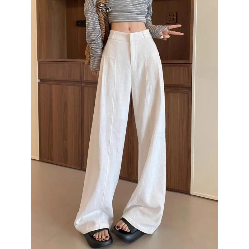 White Ramie Wide-leg Pants Women s Summer Thin High Waist Drape Old Money Style Suit Straight Sub-cotton and Linen Casual Pants S белый