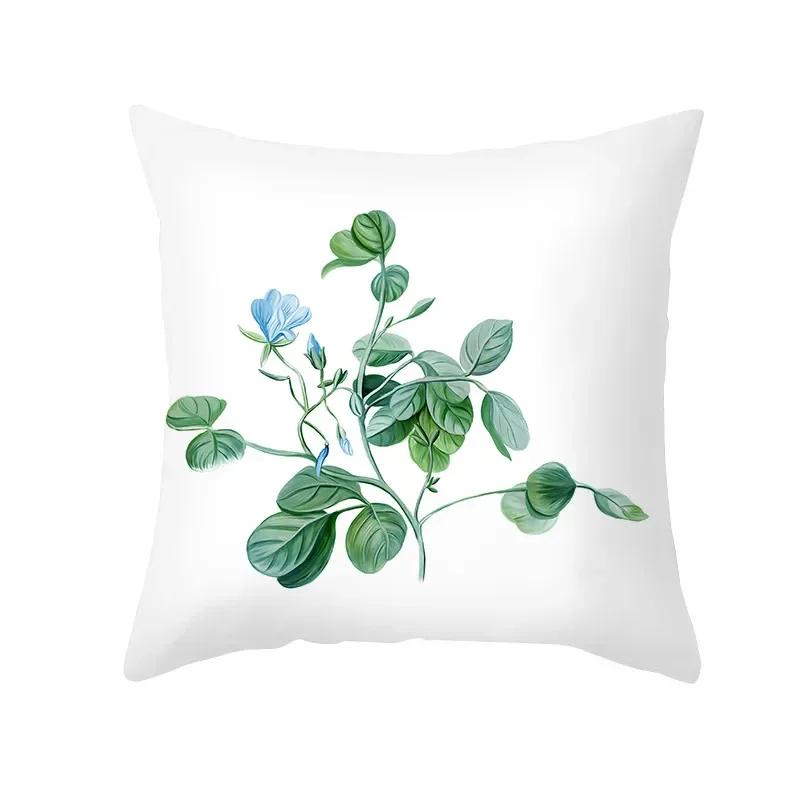Plant Printed Pillow Pattern White Cushion Cover for Home Living Room Sofa Decoration Polyester