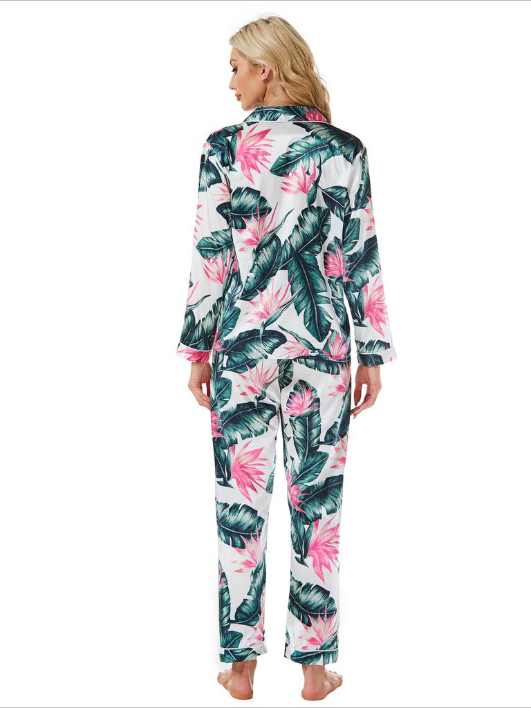 European and American Style Women's Spring Loungewear 2 Piece Long Sleeve Pajamas Set Fashion Casual Comfortable Satin Home Wear