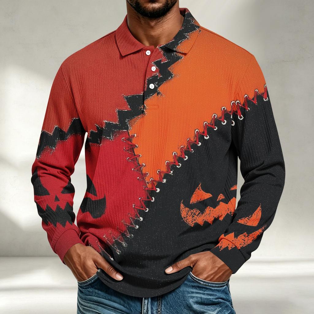 Men's Casual Halloween Printed Long Sleeve Shirt Loose Fit Top