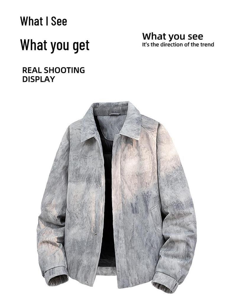 Men's Retro Leather Down Jacket with Lapel - Loose Fit, Solid Color, Plus Size, Trendy Style