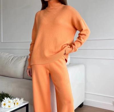 Autumn Winter Two Pieces Women Sets Knitted Tracksuit Turtleneck Sweater Straight Jogging Pants Suits
