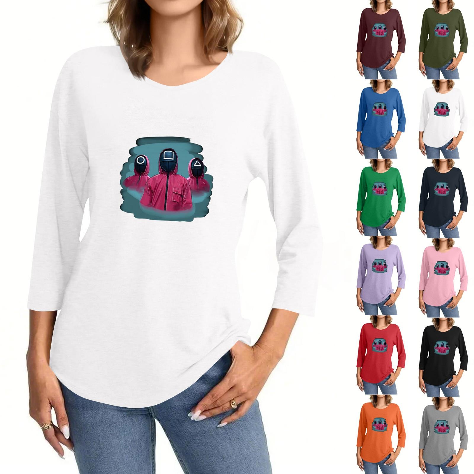 

Women s Fashionable Casual Three Quarter Sleeve Printed Collar Pullover Top L чорний