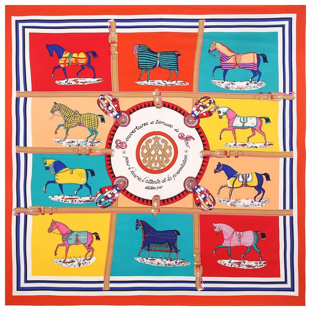 POBING Luxury Brand Twill Silk Scarf Woman Swift Horse Wraps Echarpe Square Female Big Size Shawl Hijab Neckerchief