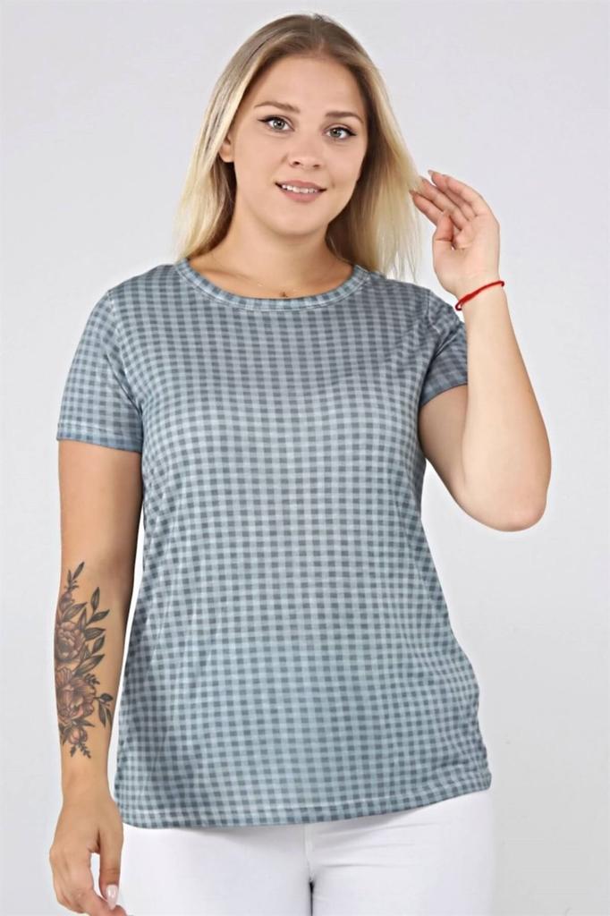 Damen Stil Große Größe T-Shirt Karomuster Ölwaschung Basic T-Shirt-Blau