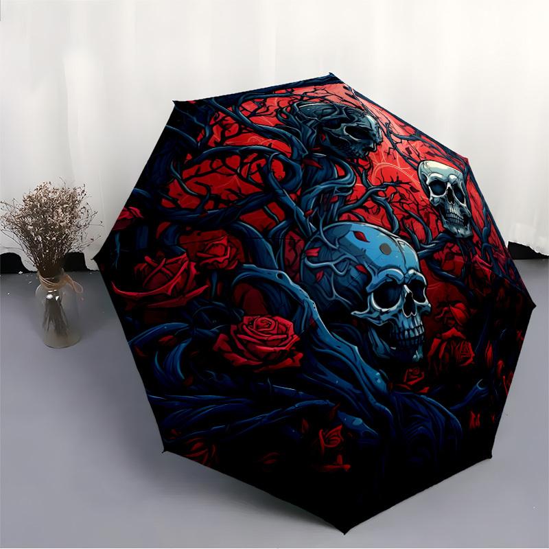 1pc Skulls Roses Fashionable Automatic Opening/Closing Folding Umbrella with 8 Bones, Windproof Portable, Daily Use120