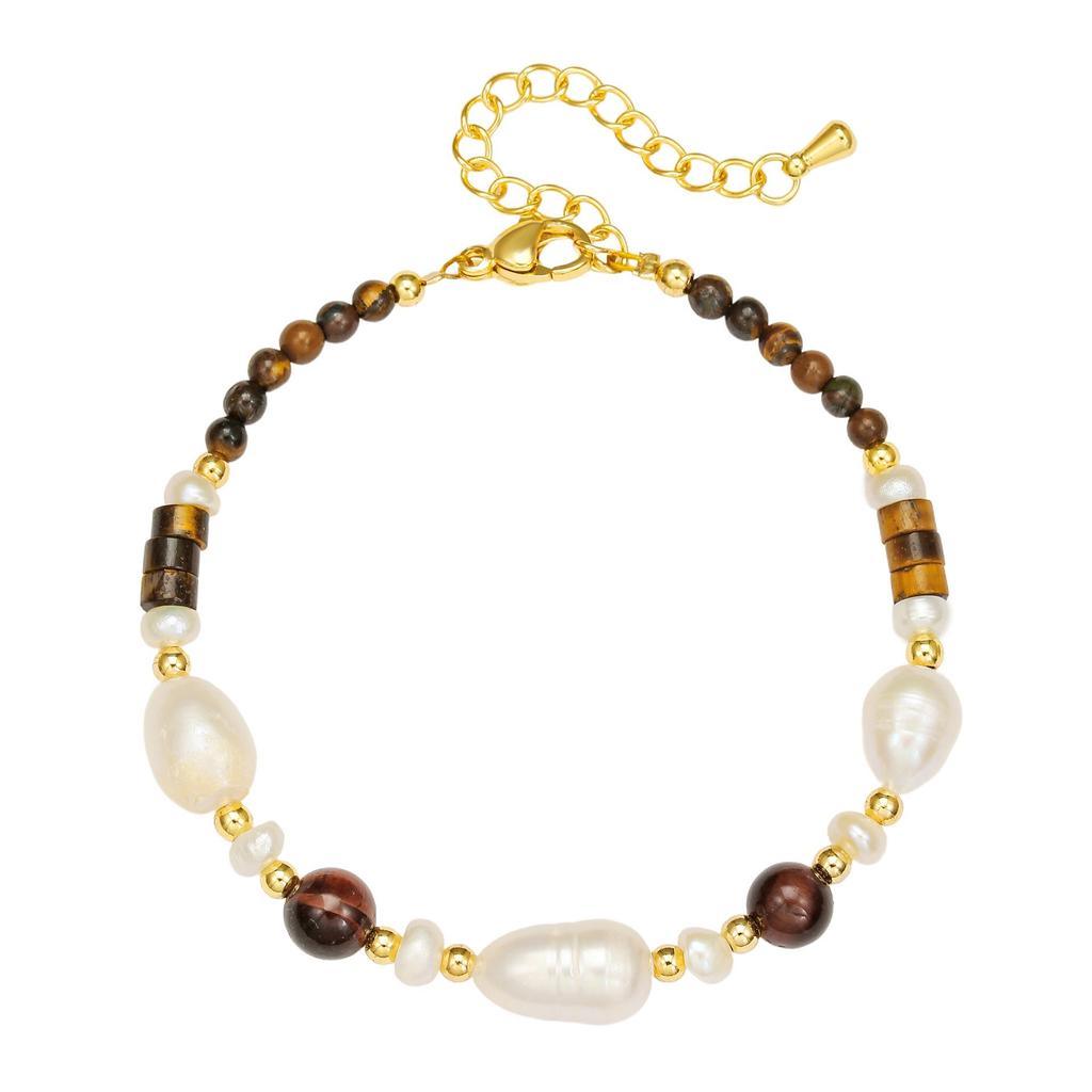 Caramel-Colored Tiger Eye & Freshwater Pearl Necklace and Bracelet Set: High-End Autumn/Winter Style