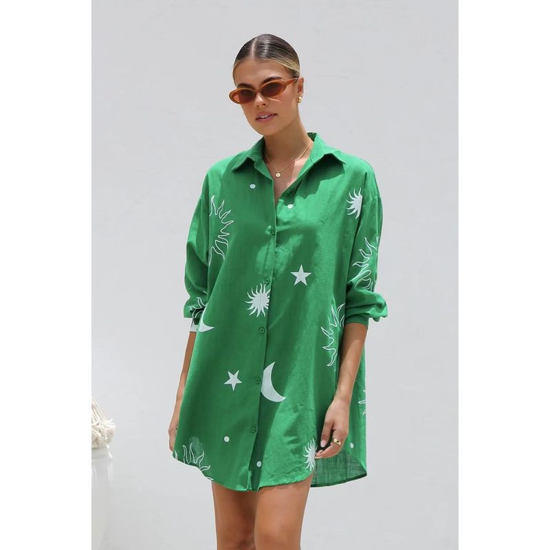 

Cardigan Dress2025 European and American Autumn Women clothes Print Fashion Loose Casual Cardigan Lapel Dress Green XXL