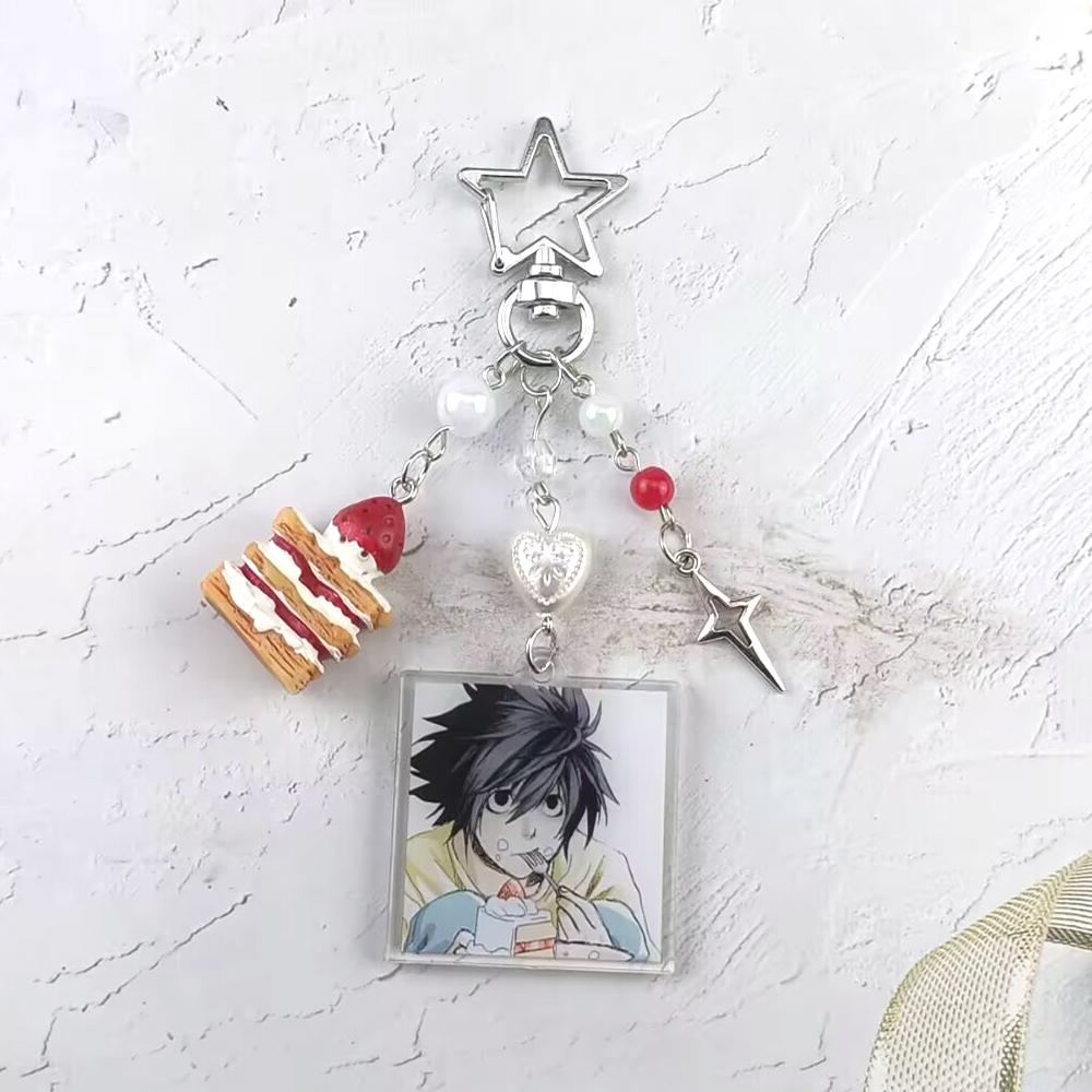 Handmade Anime Death Note L Lawliet Cake Beaded Keychain Bag Charms Aesthetic Handbag Pendant Key Ring Christmas Gift