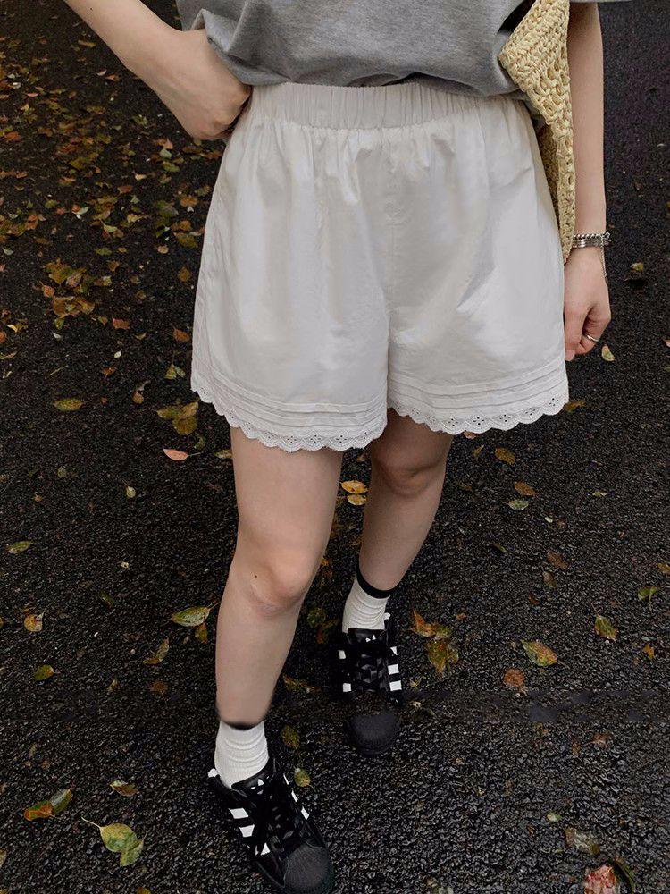 Women's 2025 Summer White Lace Trim A-Line Wide Leg Casual Shorts