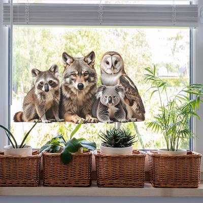 Mystische Waldwächter Fensteraufkleber Wolf Eule Waschbär Koala, Statisch Haftende Fensterfolie für Glastür und Fenster Sichtschutz Dekoration