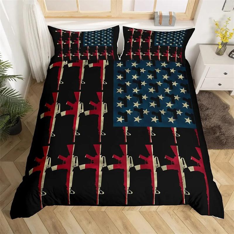 American Flag Duvet Cover Machine Gun Comforter  Bedding Sets,Girls Bed Supplies Set Duvet Cover Bed Comforter Set Bedding Set
