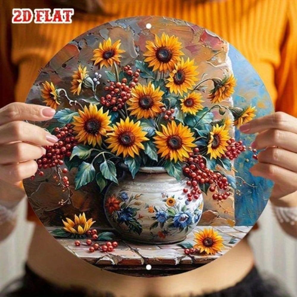 Round Metal Sunflower Wall Art Rustic Kitchen Decor 20cm