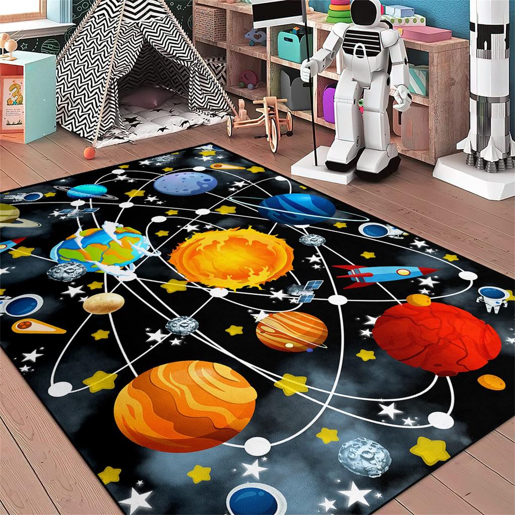 VIKAMA Solar System Planets Theme Rug Bedroom Educational Learning Mat Soft Non-Slip Indoor Area Children's Rug Home Decor
