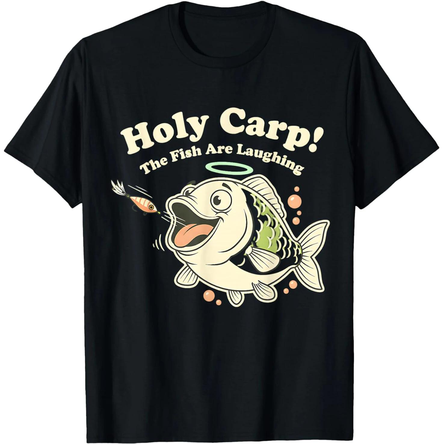 

Holy Carp Laughing Fish Graphic Cotton T Shirt Funny Fishing Humor Streetwear S