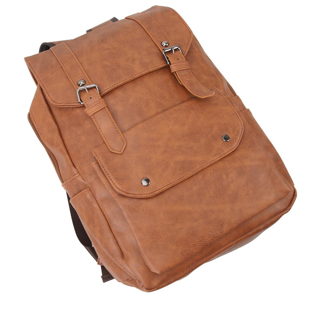 Men Backpack Vintage Style Soft PU Leather Large Capacity Fashionable Shoulders Bag for Travel Business Light Brown