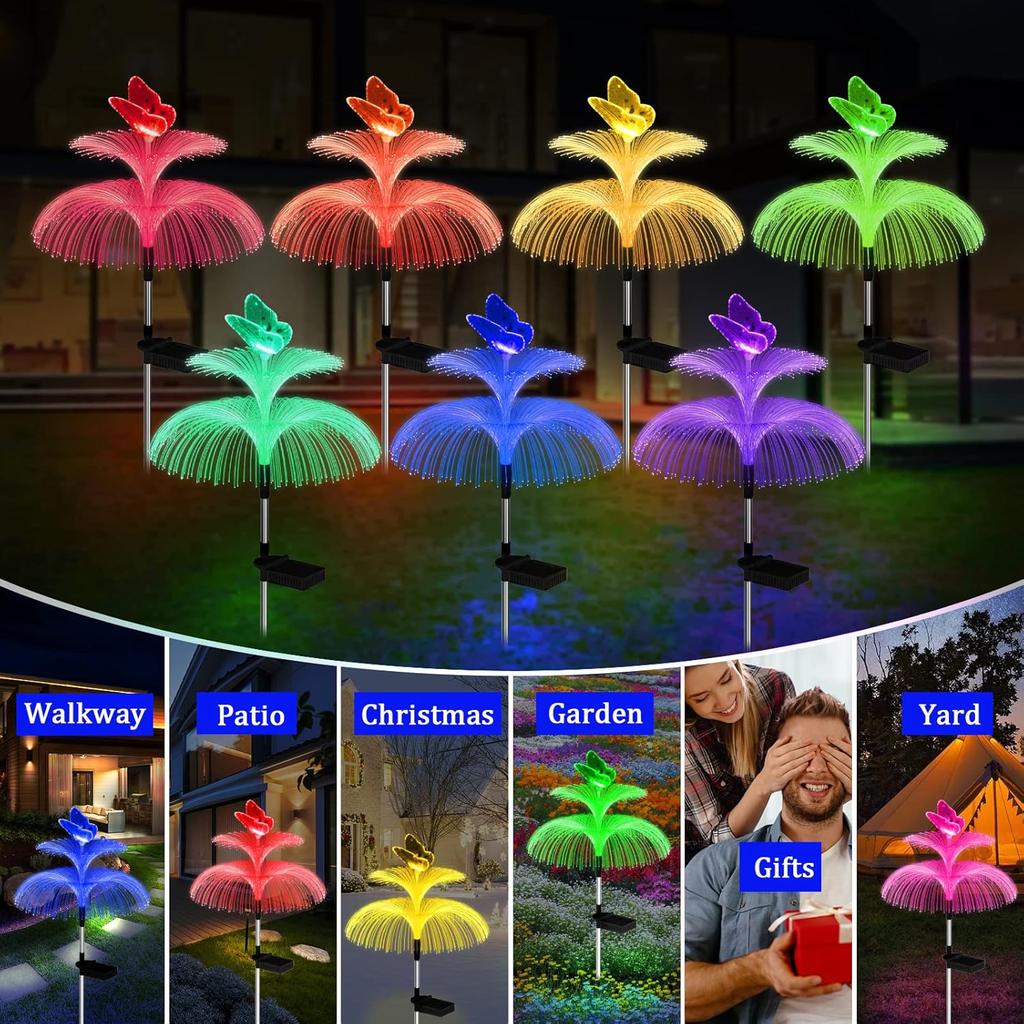 1pc Solar Garden Lights Waterproof Outdoor Decorative 7 Color Changing Double Jellyfish and Butterfly Flower Garden Decor Yard Christmas Pool Outdoor