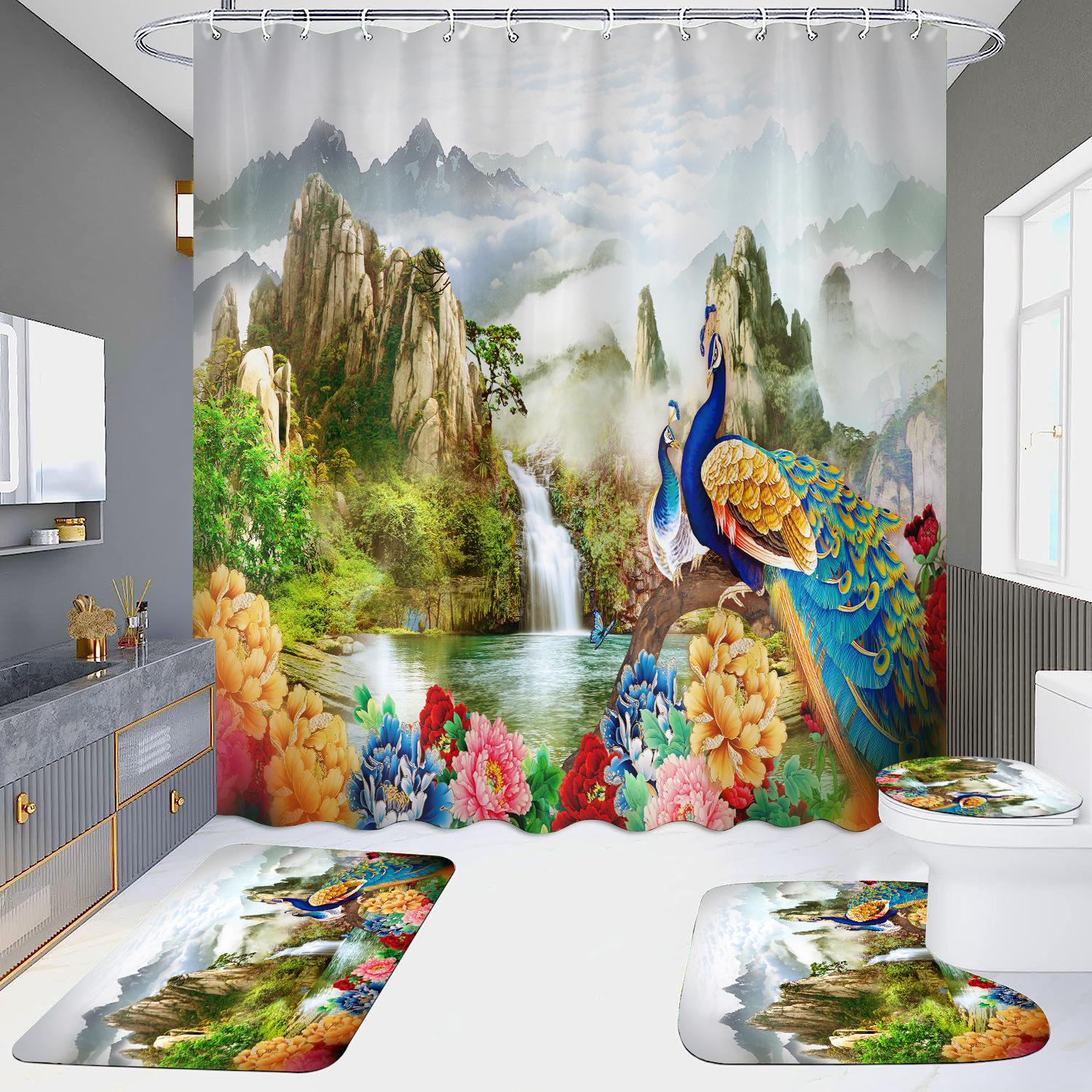 

HD занавеска для душа, набор из четырех предметов, водонепроницаемая без дырокола, ванная комната, отель, туалетная перегородка, занавеска Павлин Only curtain 180x200