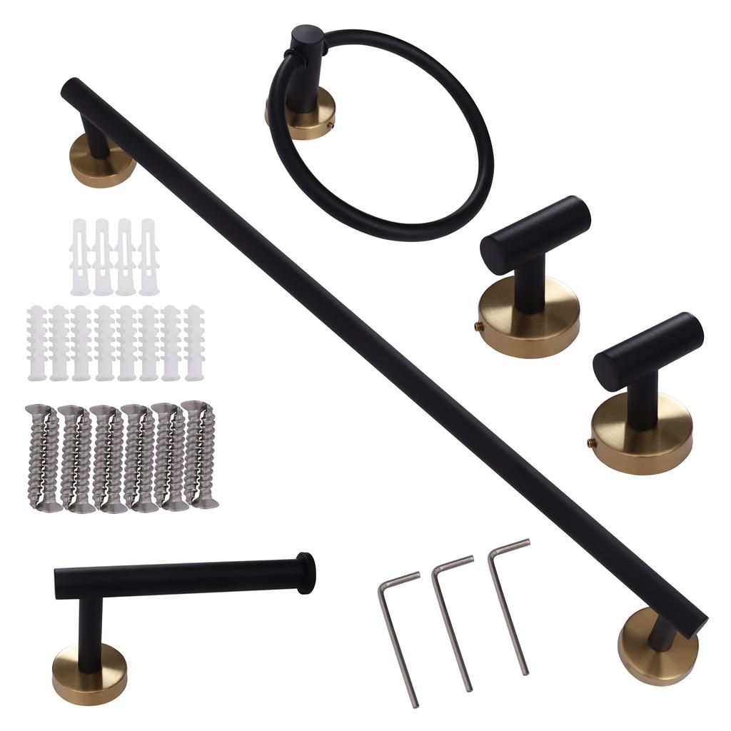 5-Piece Bathroom Set Black Gold, 304 Stainless Steel Towel Bar Holder Toilet Paper Holder with Hooks, Modern Bathroom Hardware A