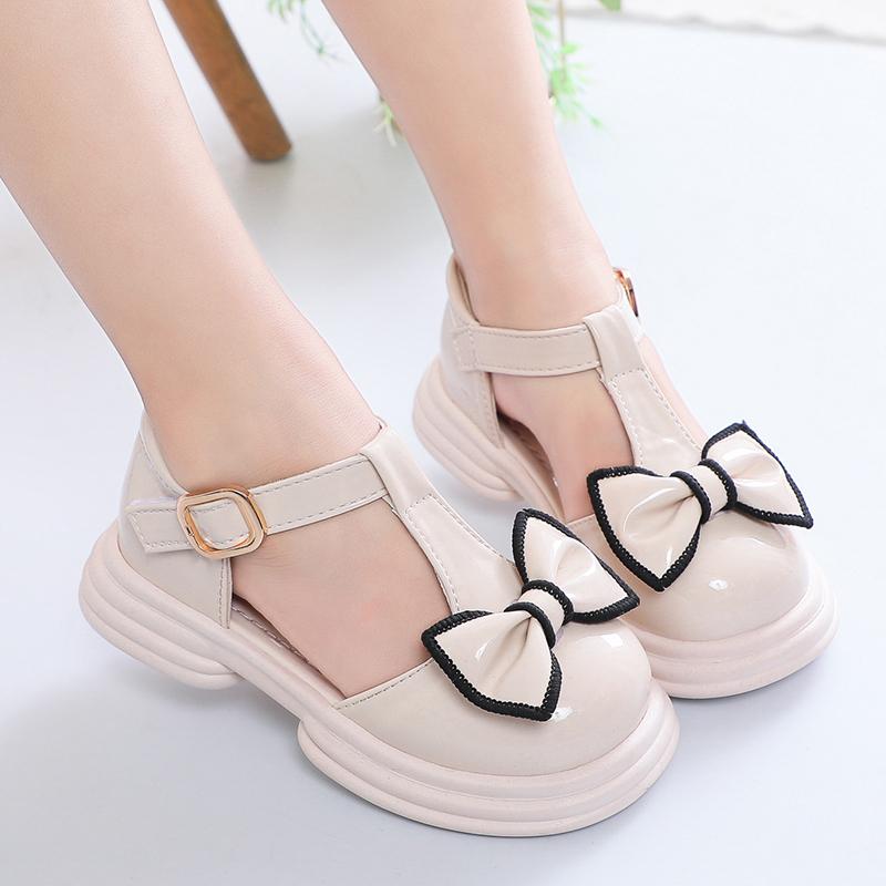 

Girls Half Sandals T-strap Sweet Bows Kids Leather Shoes for Summer 2025 New Girls Princess Shoes Round Toes Soft Sole Ins Trend 26 бежевый