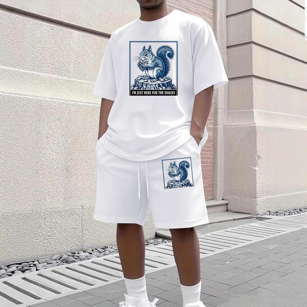 Men Casual Two Piece Set Short Sleeve Crew Neck Top and Shorts with Animal Print Graphic Loose Fit Summer Daily Wear