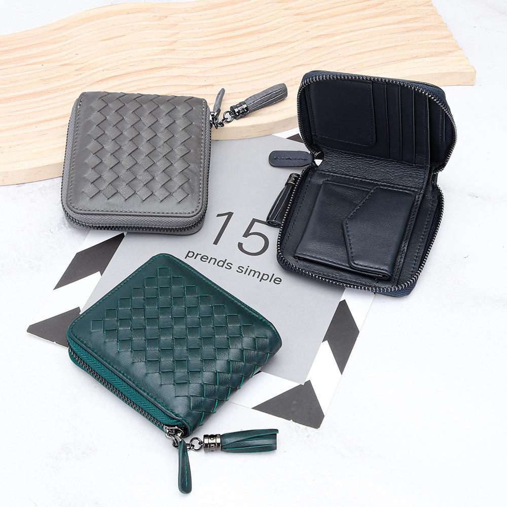 Classic sheepskin woven zipper small wallet 2025 new large capacity multi-functional change coin bag half fold wallet