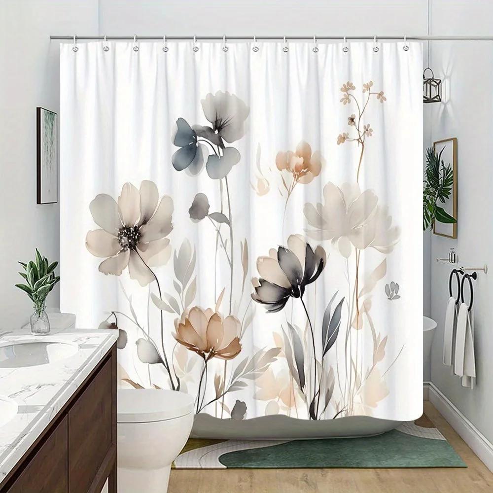 Pastel Buket Beige Bruseforhæng Blød Grå Digital Akvarel Design Polyester Vaskbar med 12 Kroge Elegant Badeværelsesindretning