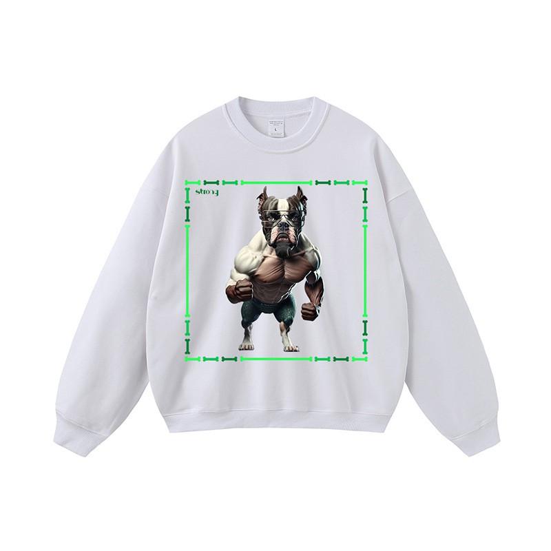 Mens Oversized Streetwear Hoodie With Dog Print Heavyweight Cotton Washed Vintage Style Loose Fit
