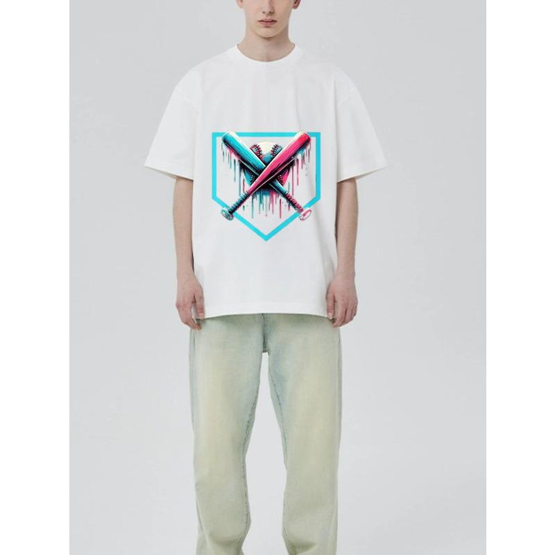 Black T Shirt with Crossed Baseball Bats and Ball Dripping Neon Colors Design for Casual Wear