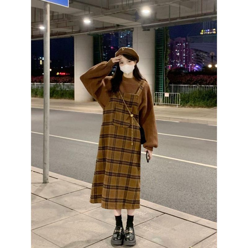 Sweet Salted Color Block Plaid Overall Dress & Long Sleeve Sweater Set for Spring/Autumn