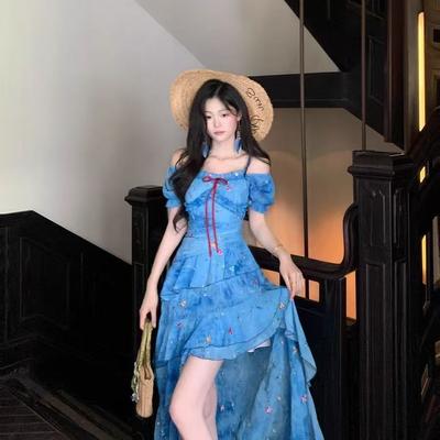 French Temperament Seaside Vacation Dress Children's Summer 2026 New Blue Floral Irregular Design Long Dress