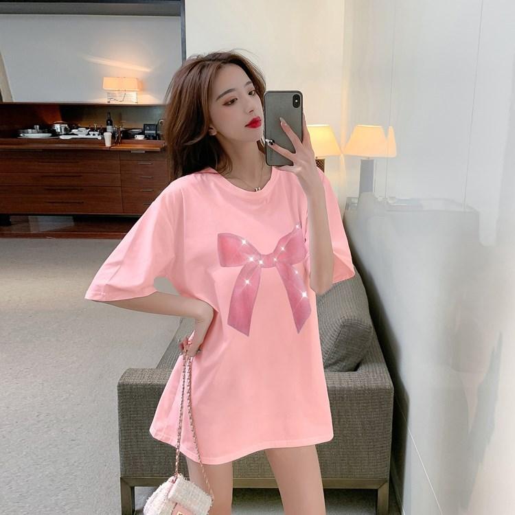 Bow Heavy Industry Ironing Diamond Half-sleeved Top Summer New Style Internet Celebrity Versatile Short-sleeved T-shirt for Women