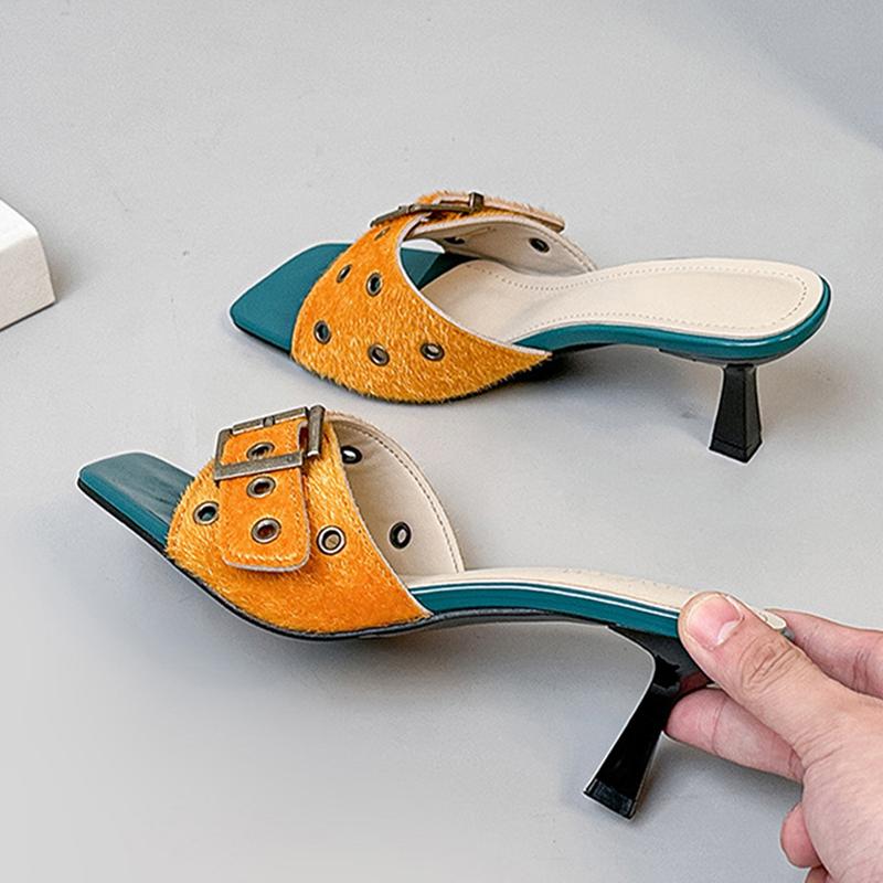 Fashion Liyke New Fashion Big Buckle Strap Square Toe Thin Low Heels Slipper For Woman Mules Slide Shoes Gladiator Sandals Zapatos Mujer