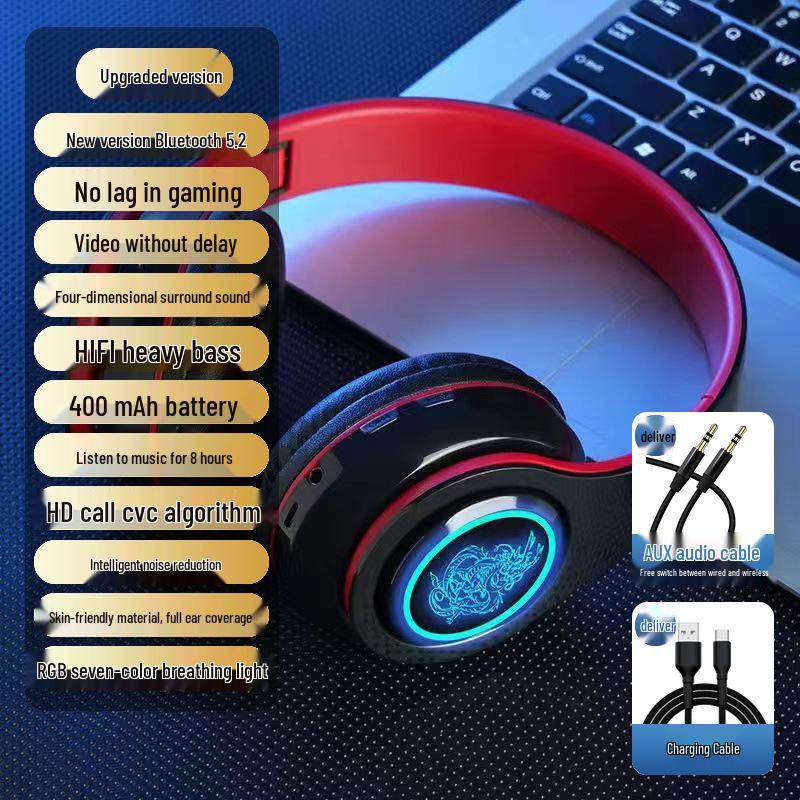 2025 Luminous Bluetooth Over-Ear Headphones with Heavy Bass and Large Earcups for Boys