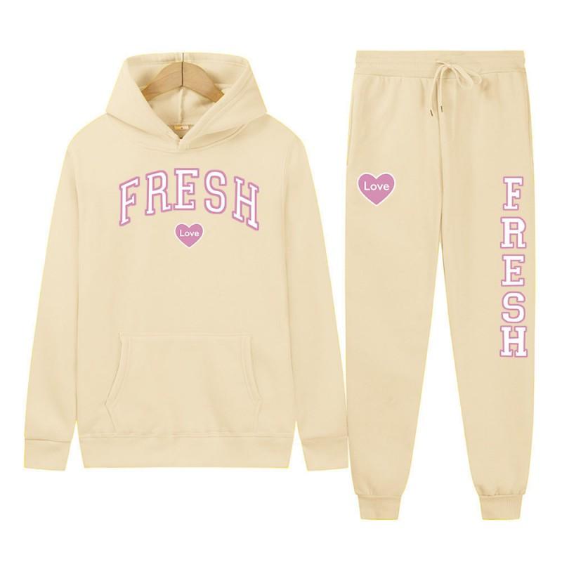 Womens Hooded Sweatshirt Set With Printed Graphic Long Sleeve Top Matching Pants Streetwear Casual Two Piece Outfit