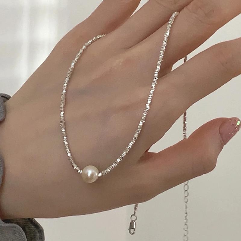 925 Sterling Silver Pearl & Irregular Cube Beaded Necklace Bracelet Set - French Xiaohongshu Style