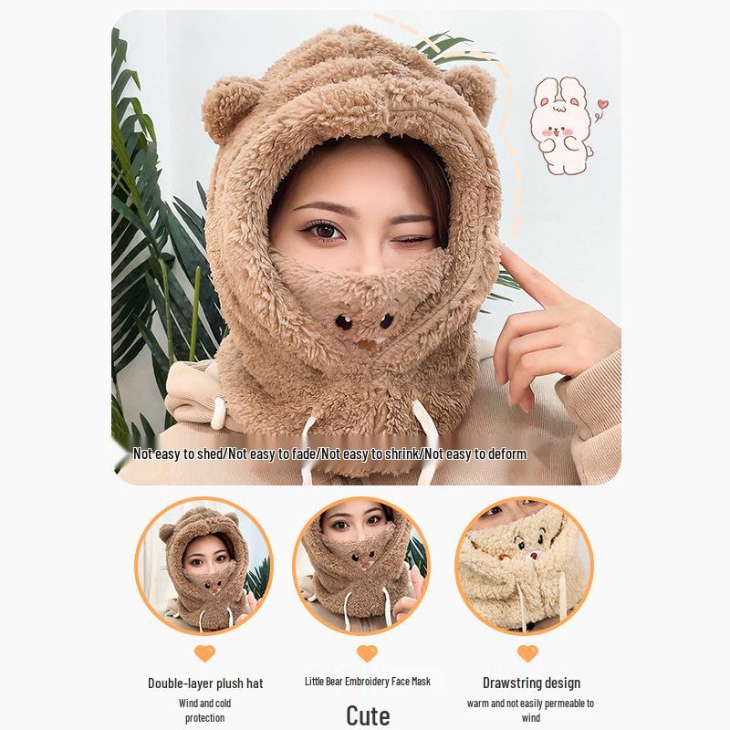 Nowy damski jednoczęściowy kapelusz z kapturem i szalik: Pluszowy, Pogrubiony, Ciepły, Miękki, Zimowy, Ochrona przed zimnem i uszu, Ocieplacz na szyję, Uroczy design.