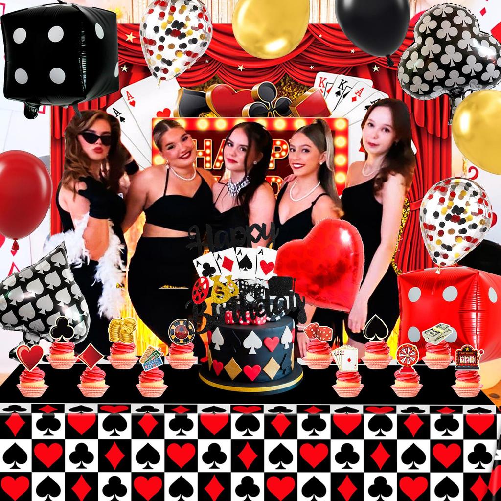 85 Piezas Decoraciones para Fiesta de Casino, Suministros para Fiesta Temática de Casino - Globos para Fiesta de Casino, Fondo, Adorno para Tarta, Mantel, etc. Decoraciones para Fiesta de Las Vegas