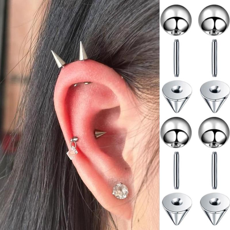12pcs Y2K Fashion Stainless Steel Stud Earring 3/4mm Ball Cone Screws Earrings Ear Bone Nail Piercing Body Jewelry Accessories